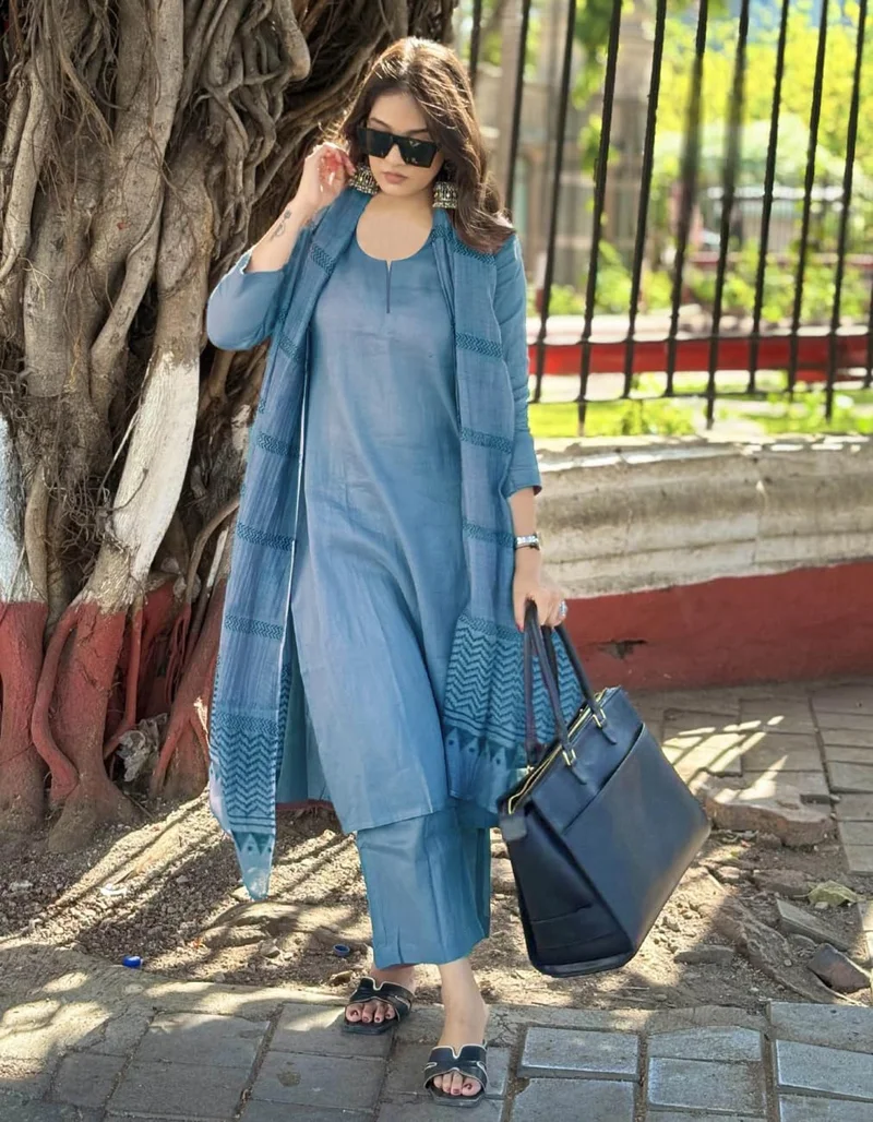 GoSriKi Light Blue GoSriKi Women's Rayon Blend Straight Solid Kurta with Pant & Dupatta (Raja Saab Light Blue-VKS01-GS_L_Light Blue_Large) for Women | Best Price UAE